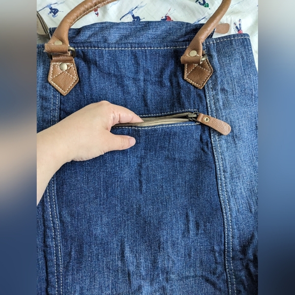 EUC Myra Bag women's Janesa Tote Bag 100% cotton leather denim bag, blue brown - Picture 10 of 13
